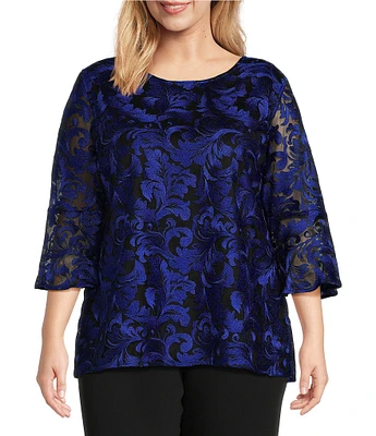 Caroline Rose Plus Size Bella Soiree Embroidered Mesh Lace Scoop Neck 3/4 Bell Sleeve Tunic