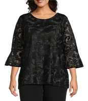 Caroline Rose Plus Size Bella Soiree Embroidered Mesh Lace Scoop Neck 3/4 Bell Sleeve Tunic