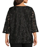 Caroline Rose Plus Size Bella Soiree Embroidered Mesh Lace Scoop Neck 3/4 Bell Sleeve Tunic