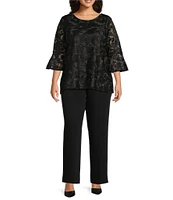 Caroline Rose Plus Size Bella Soiree Embroidered Mesh Lace Scoop Neck 3/4 Bell Sleeve Tunic