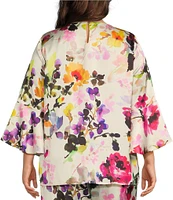 Caroline Rose Plus Size Brilliant Floral Bouquet Print Satin Scoop Neck 3/4 Soft Bell Sleeve Coordinating Tunic