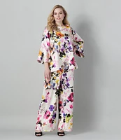 Caroline Rose Plus Size Brilliant Floral Bouquet Print Satin Scoop Neck 3/4 Soft Bell Sleeve Coordinating Tunic
