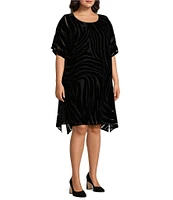 Caroline Rose Plus Size Burnout Velvet Zebra Pattern Scoop Neck Short Sleeve Shift Dress