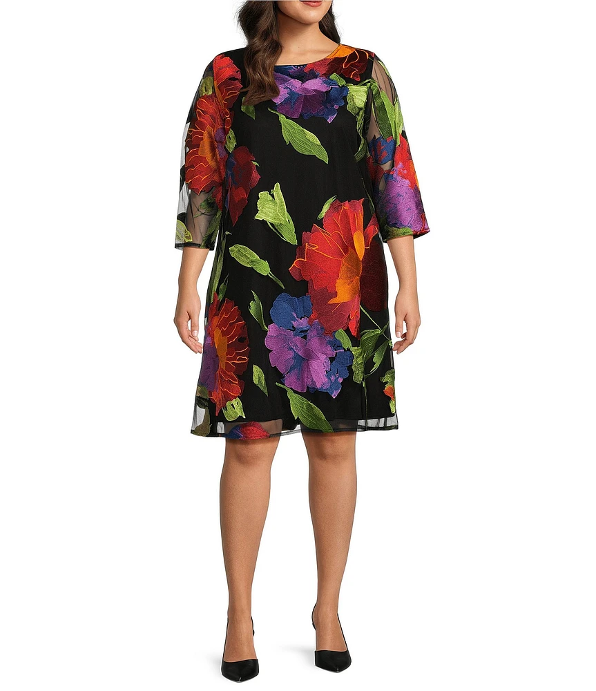 Caroline Rose Plus Size Flower Burst Embroidered Mesh Round Neck 3/4 Sleeve A-Line Dress