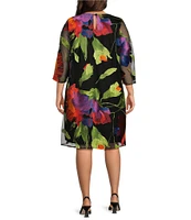 Caroline Rose Plus Size Flower Burst Embroidered Mesh Round Neck 3/4 Sleeve A-Line Dress