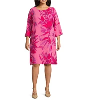 Caroline Rose Plus Size Flower Splash Print Round Neck 3/4 Sleeve Dress