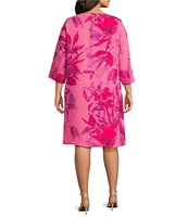Caroline Rose Plus Size Flower Splash Print Round Neck 3/4 Sleeve Dress