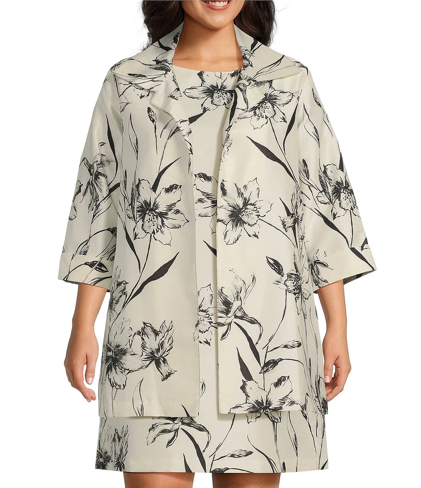 Caroline Rose Plus Size Garden Glamour Floral Print Notch Collar 3/4 Sleeve Open-Front Statement Jacket