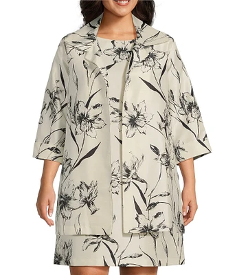 Caroline Rose Plus Size Garden Glamour Floral Print Notch Collar 3/4 Sleeve Open-Front Statement Jacket