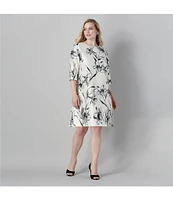 Caroline Rose Plus Size Garden Glamour Floral Print Round Neck 3/4 Sleeve A-Line Dress