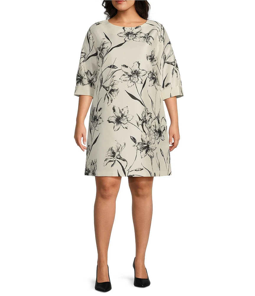 Caroline Rose Plus Size Garden Glamour Floral Print Round Neck 3/4 Sleeve A-Line Dress
