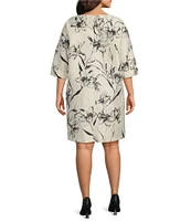 Caroline Rose Plus Size Garden Glamour Floral Print Round Neck 3/4 Sleeve A-Line Dress