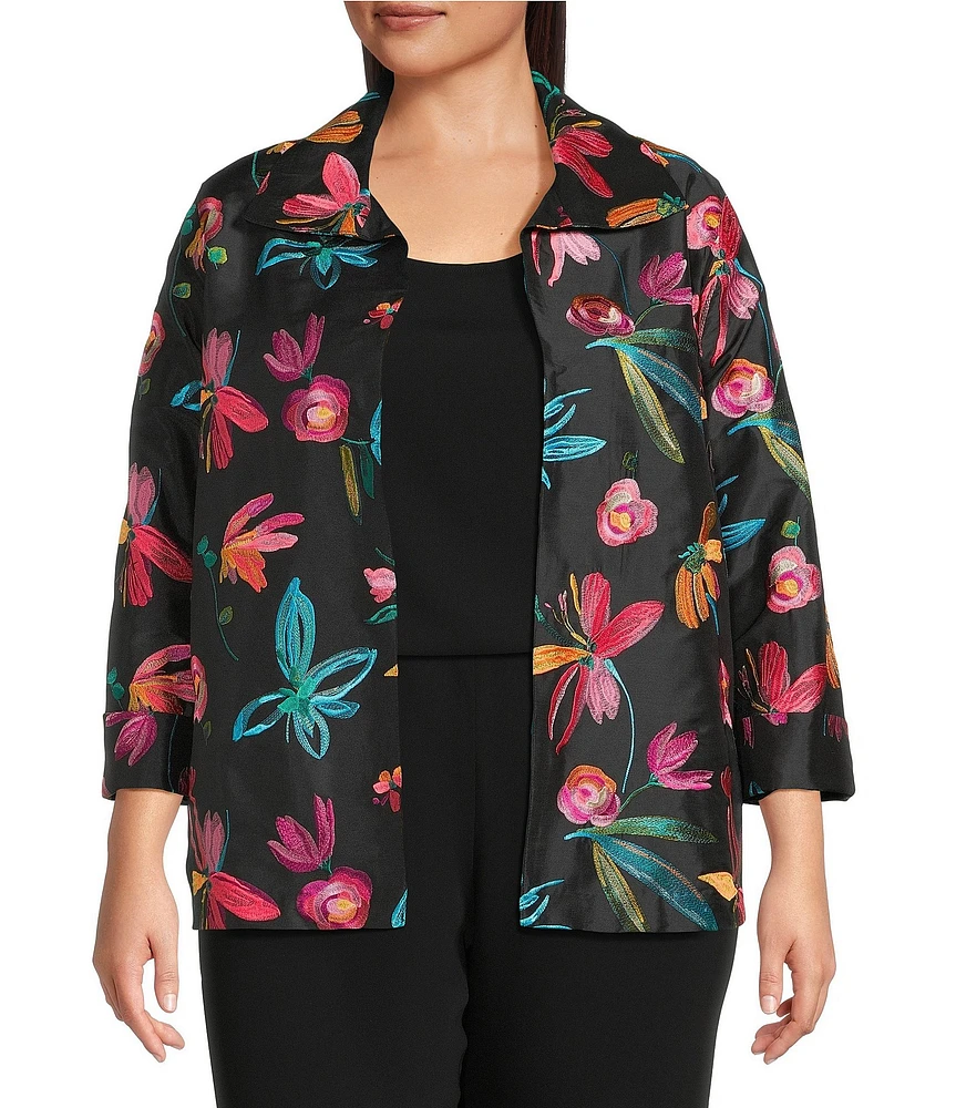 Caroline Rose Plus Size Glorious Garden Floral Embroidered Jacquard Spread Collar Bracelet Sleeve Open-Front Statement Jacket