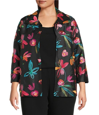 Caroline Rose Plus Size Glorious Garden Floral Embroidered Jacquard Spread Collar Bracelet Sleeve Open-Front Statement Jacket