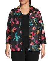 Caroline Rose Plus Size Glorious Garden Floral Embroidered Jacquard Spread Collar Bracelet Sleeve Open-Front Statement Jacket