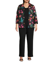Caroline Rose Plus Size Glorious Garden Floral Embroidered Jacquard Spread Collar Bracelet Sleeve Open-Front Statement Jacket