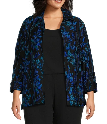 Caroline Rose Plus Size Jacquard Blue Moon Floral Print Spread Collar Cuffed Bracelet Length Sleeve Jacket