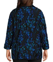 Caroline Rose Plus Size Jacquard Blue Moon Floral Print Spread Collar Cuffed Bracelet Length Sleeve Jacket