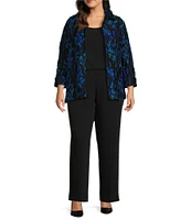 Caroline Rose Plus Size Jacquard Blue Moon Floral Print Spread Collar Cuffed Bracelet Length Sleeve Jacket