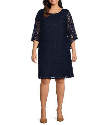 Caroline Rose Plus Size Julia Floral Lace 3/4 Ruffled Bell Sleeve Shift Dress