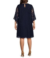 Caroline Rose Plus Size Julia Floral Lace 3/4 Ruffled Bell Sleeve Shift Dress