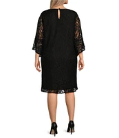 Caroline Rose Plus Size Julia Floral Lace 3/4 Ruffled Bell Sleeve Shift Dress