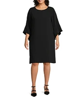 Caroline Rose Plus Size Julia Matte Crepe Round Neck 3/4 Ruffle Sleeve Shift Dress