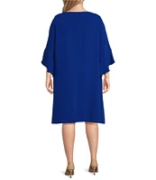 Caroline Rose Plus Size Julia Matte Crepe Round Neck 3/4 Ruffle Sleeve Shift Dress