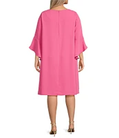 Caroline Rose Plus Size Julia Matte Crepe Round Neck 3/4 Ruffle Sleeve Shift Dress
