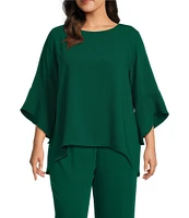 Caroline Rose Plus Size Julia Matte Crepe Round Neck 3/4 Ruffled Sleeve High-Low Hem Top