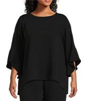 Caroline Rose Plus Size Julia Matte Crepe Round Neck 3/4 Ruffled Sleeve High-Low Hem Top