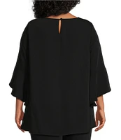 Caroline Rose Plus Size Julia Matte Crepe Round Neck 3/4 Ruffled Sleeve High-Low Hem Top