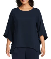 Caroline Rose Plus Size Julia Matte Crepe Round Neck 3/4 Ruffled Sleeve High-Low Hem Top