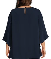 Caroline Rose Plus Size Julia Matte Crepe Round Neck 3/4 Ruffled Sleeve High-Low Hem Top