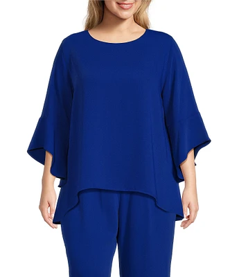 Caroline Rose Plus Size Julia Matte Crepe Round Neck 3/4 Ruffled Sleeve High-Low Hem Top