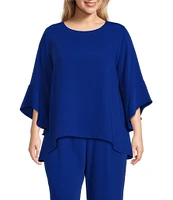 Caroline Rose Plus Size Julia Matte Crepe Round Neck 3/4 Ruffled Sleeve High-Low Hem Top