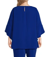 Caroline Rose Plus Size Julia Matte Crepe Round Neck 3/4 Ruffled Sleeve High-Low Hem Top