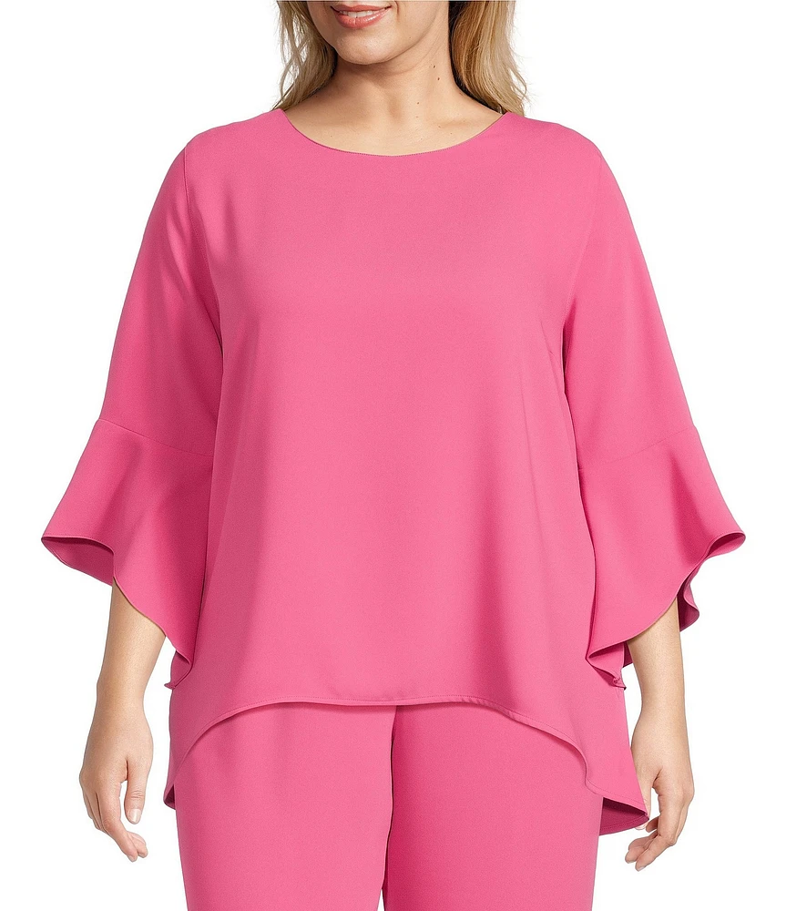 Caroline Rose Plus Size Julia Matte Crepe Round Neck 3/4 Ruffled Sleeve High-Low Hem Top