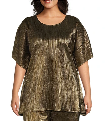 Caroline Rose Plus Size Metallic Plisse Scoop Neck Elbow Sleeve Coordinating Caftan Top