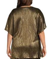 Caroline Rose Plus Size Metallic Plisse Scoop Neck Elbow Sleeve Coordinating Caftan Top