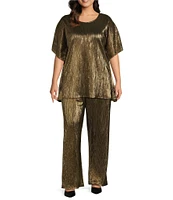 Caroline Rose Plus Size Metallic Plisse Scoop Neck Elbow Sleeve Coordinating Caftan Top