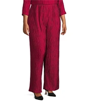 Caroline Rose Plus Size Plisse Crinkled Pleat Elastic Waist Straight-Leg Pull-On Pants