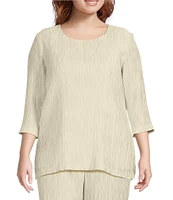 Caroline Rose Plus Size Plisse Crinkled Pleat Scoop Neck 3/4 Sleeve Tunic