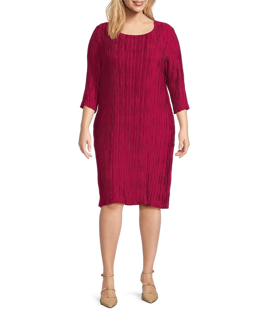 Caroline Rose Plus Size Plisse Knit Scoop Neck 3/4 Sleeve A-Line Dress