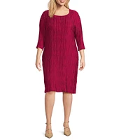 Caroline Rose Plus Size Plisse Knit Scoop Neck 3/4 Sleeve A-Line Dress