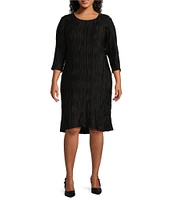 Caroline Rose Plus Size Plisse Knit Scoop Neck 3/4 Sleeve A-Line Dress