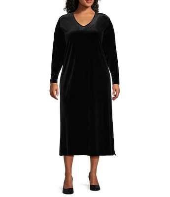 Caroline Rose Plus Size Stretch Velvet V-Neck Long Sleeve Caftan Maxi Dress