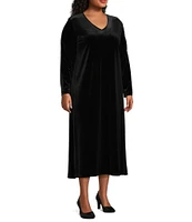 Caroline Rose Plus Size Stretch Velvet V-Neck Long Sleeve Caftan Maxi Dress