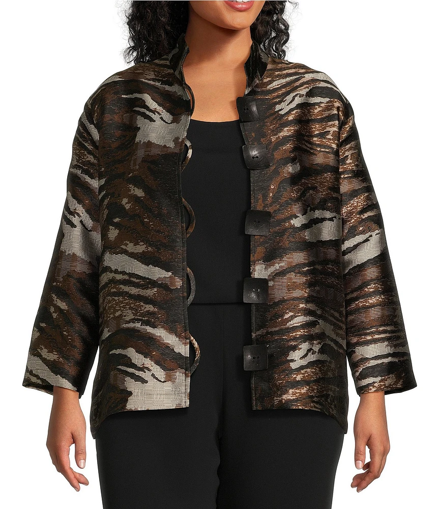 Caroline Rose Plus Size Tigress Animal Print Jacquard Mandarin Neck Bracelet Sleeve Button Front Statement Jacket