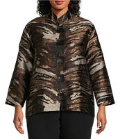 Caroline Rose Plus Size Tigress Animal Print Jacquard Mandarin Neck Bracelet Sleeve Button Front Statement Jacket